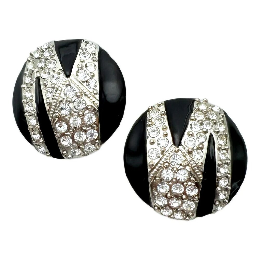 Kenneth Jay Lane Silver Plated Black Enamel Clip Earrings with Crystal Zigzag